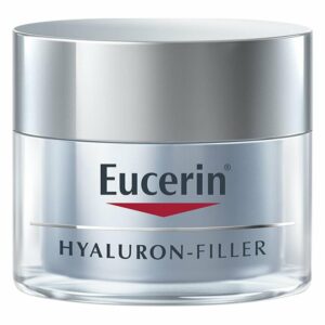 Hyaluronsäure-Creme in einem rundlichen, klaren Glasbehälter mit metallischem Deckel und Eucerin-Logo.