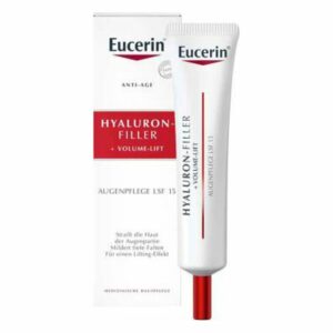 Eucerin Hyaluron-Filler Augenpflege in einer weißen Tube mit rotem Aufdruck, verpackt in einer weißen Box.