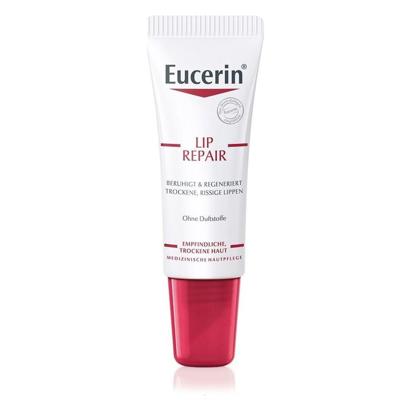 Eucerin Lip Repair Tube zur Beruhigung und Regeneration trockener, rissiger Lippen, ohne Duftstoffe.