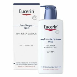 Flasche Eucerin UreaRepair Plus 10% Urea Lotion mit Verpackung, für trockene Haut, enthält Urea und Ceramide.