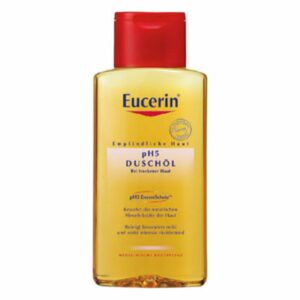 Flasche Eucerin pH5 Duschöl mit rotem Deckel, geeignet für trockene Haut, enthält pH5 Enzymschutz.