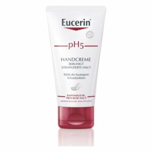 Tube mit Eucerin pH5 Handcreme für empfindliche, trockene Haut, die die Hautschutzfunktion stärkt.