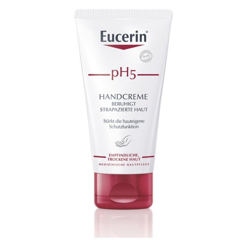 Tube mit Eucerin pH5 Handcreme für empfindliche, trockene Haut, die die Hautschutzfunktion stärkt.