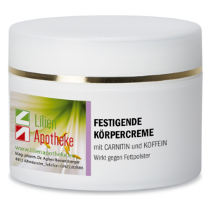 Weißer Tiegel mit Deckel und goldener Kante, beschriftet mit "Festigende Körpercreme" und Inhaltsstoffen.