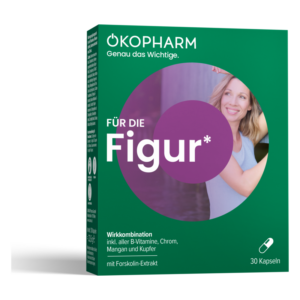 Verpackung von OKOPHARM für die Figur mit Kapseln, grünem Design und Informationen zu Inhaltsstoffen.
