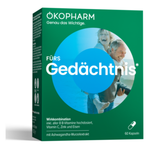 Verpackung eines Nahrungsergänzungsmittels für das Gedächtnis, enthält Vitamine und Ashwagandha-Extrakt.