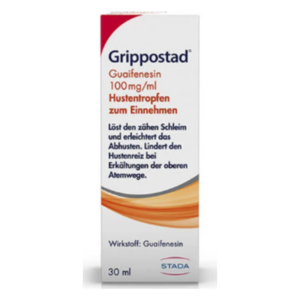 Verpackung von Grippostad Husten tropfen, enthält Guaifenesin zur Linderung von Husten und Erkältungen.