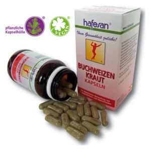 Flasche mit Buchweizenkraut-Kapseln, teilweise geöffnet, umhüllt von einer Verpackung mit Gesundheitsinformationen.