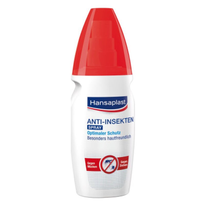 Insektenabwehrspray in einer weißen Flasche mit rotem Sprühkopf und Beschriftung, die den Schutz vor Insekten zeigt.