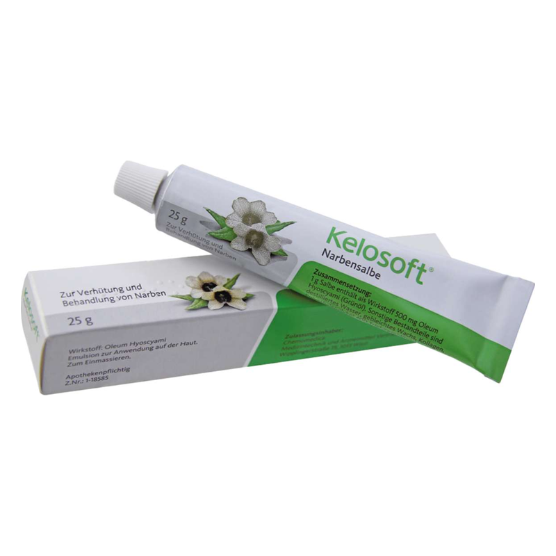 Tube mit Kelosoft Narbensalbe zur Behandlung von Narben, im grünen und weißen Design, enthalten in einer verpackten Box.