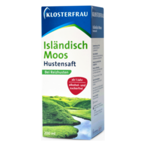 Pappkarton mit dem Aufdruck "Isländisch Moos Hustensaft" zur Linderung von Reizhusten, alkohol- und zuckerfrei.