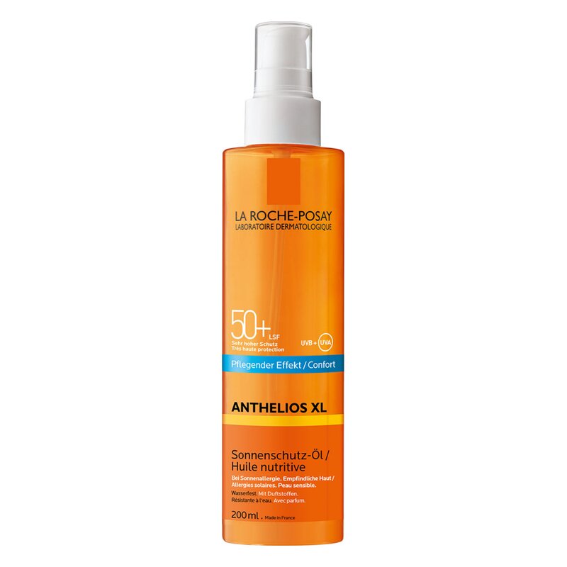 Braungoldene Flasche mit Pumpverschluss, enthält Anthelios XL Sonnenschutz-Öl von La Roche-Posay, LSF 50+.