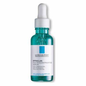 Flasche mit einem klaren, blauen Serum von La Roche-Posay, mit Pipette und einem weißen Etikett.