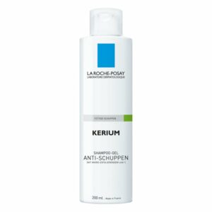 Flasche mit La Roche-Posay KERIUM Anti-Schuppen Shampoo-Gel für fettige Schuppen, 200 ml, weiß mit blauer und grüner Markierung.