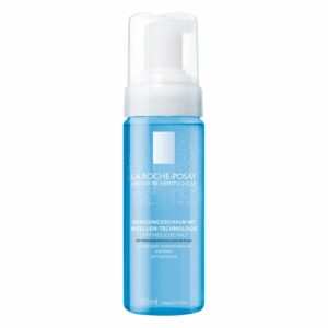 Schäumende Reinigungsflüssigkeit in blauer Flasche mit Pumpspender, für empfindliche Haut, 150 ml.