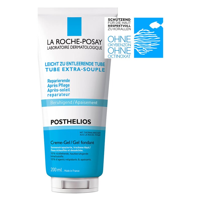 Creme-Gel in einer flexiblen Tube mit blauer und weißer Verpackung, zur beruhigenden Pflege nach Sonneneinstrahlung.