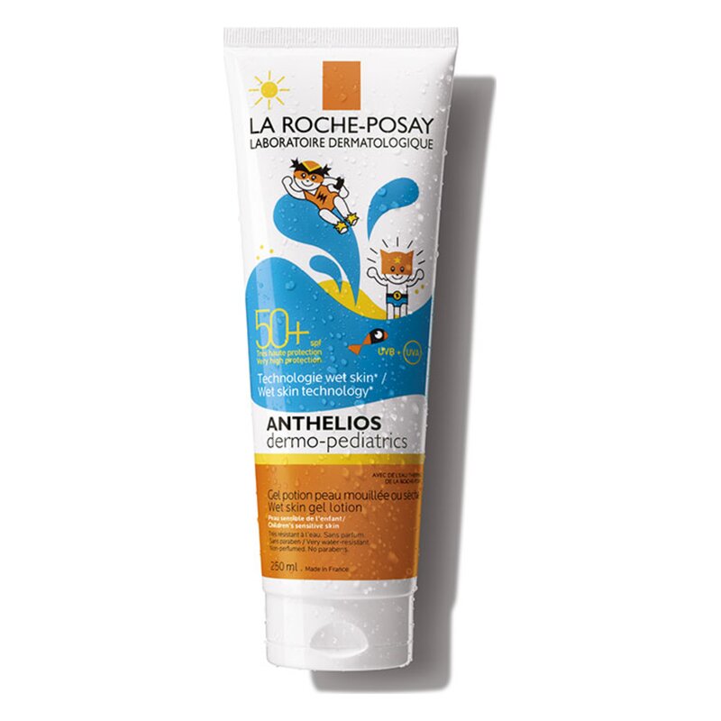 Sonnenschutzgel in einer tube, orange-blaues Design, schützt sehr empfindliche Haut von Kindern, 250 ml.