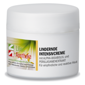 Weißer Cremetopf mit Aufschrift "Lindernde Intensivcreme" und Inhaltsstoffen, für empfindliche Haut geeignet.