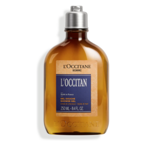 Brauner Flakon mit silbernem Deckel von L'Occitane, enthält Duschgel für Körper und Haare.