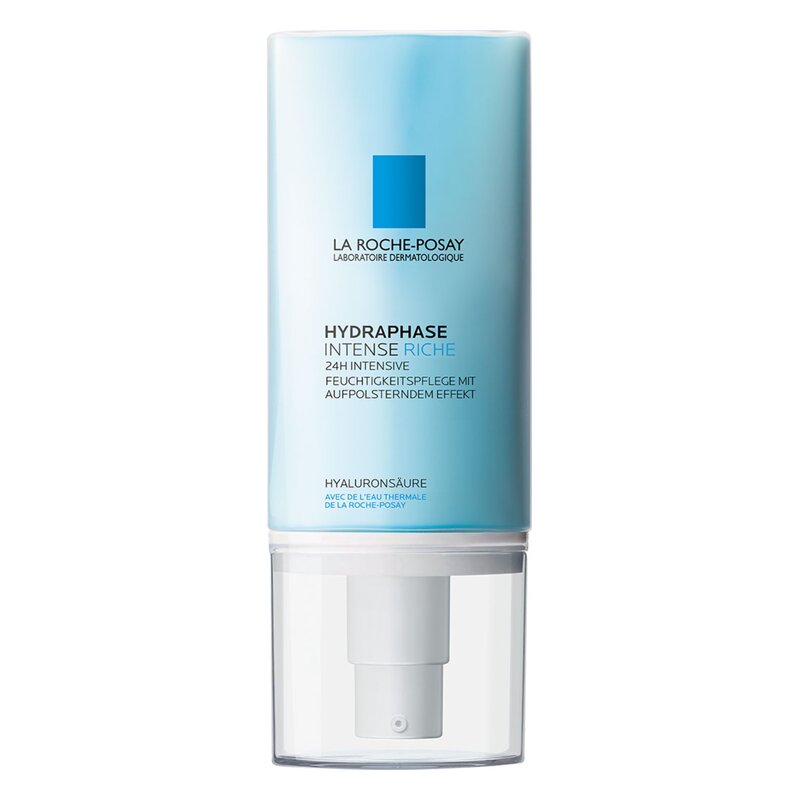 Die Hydraphase Intense Riche Creme in einer transparenten Plastikflasche mit Pumpe, mit blauer Verpackung und Angaben zur Feuchtigkeitspflege.