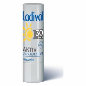 Ladival UV-Schutzstift mit hohem Schutzfaktor 30, wasserfeste Verpackung, grau mit gelben und blauen Akzenten.