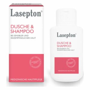 Verpackung von Lasepton Dusche & Shampoo für sensible und reizempfindliche Haut in einer weißen Flasche und Karton.