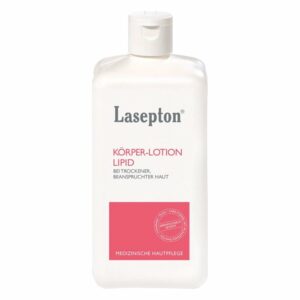 Weiße Flasche mit Lasepton Körper-Lotion, speziell für trockene Haut, mit einem praktischen Klappverschluss.