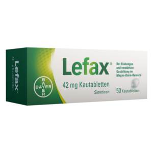 Verpackung von Lefax 42 mg Kautabletten zur Behandlung von Blähungen und Gasbildung, detaillierte Hinweise auf der Box