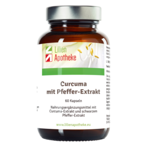 Braune Glasflasche mit schwarzem Deckel, enthält Kapseln mit Curcuma- und Pfeffer-Extrakt. Etikett enthält Produktinformationen.