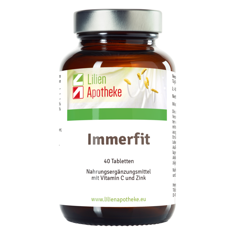 Brauner Glasbehälter mit weißem Etikett, enthält Nahrungsergänzungsmittel mit Vitamin C und Zink.