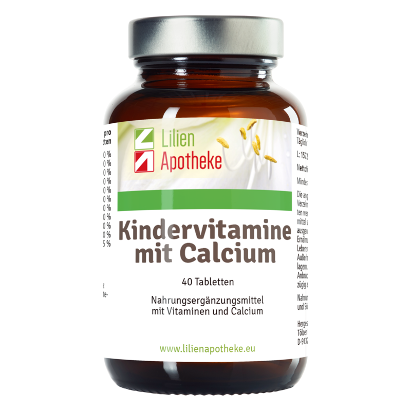 Braune Glasflasche mit Schraubverschluss, beschriftet mit Kindervitaminen und Calcium von Lilien Apotheke.