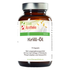 Braunes Glasgefäß mit silberner Kappe, etikettiert mit Krill-Öl, enthält Nahrungsergänzungsmittel mit Omega-3-Fettsäuren.