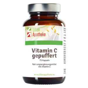 Braune Flasche mit Schraubverschluss, enthält 75 Kapseln Vitamin C, gekennzeichnet als Nahrungsergänzungsmittel.