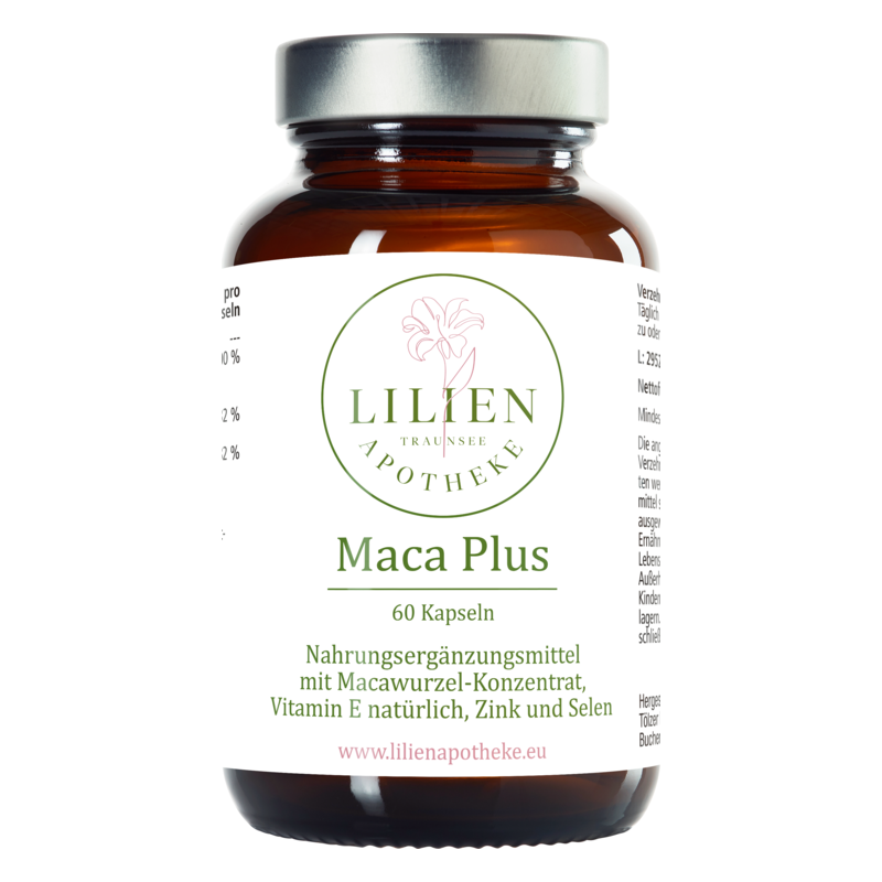 Brauner Glasbehälter mit Silberverschluss, enthält 60 Kapseln Maca Plus von Lilien Apotheke, mit Informationen auf dem Etikett.