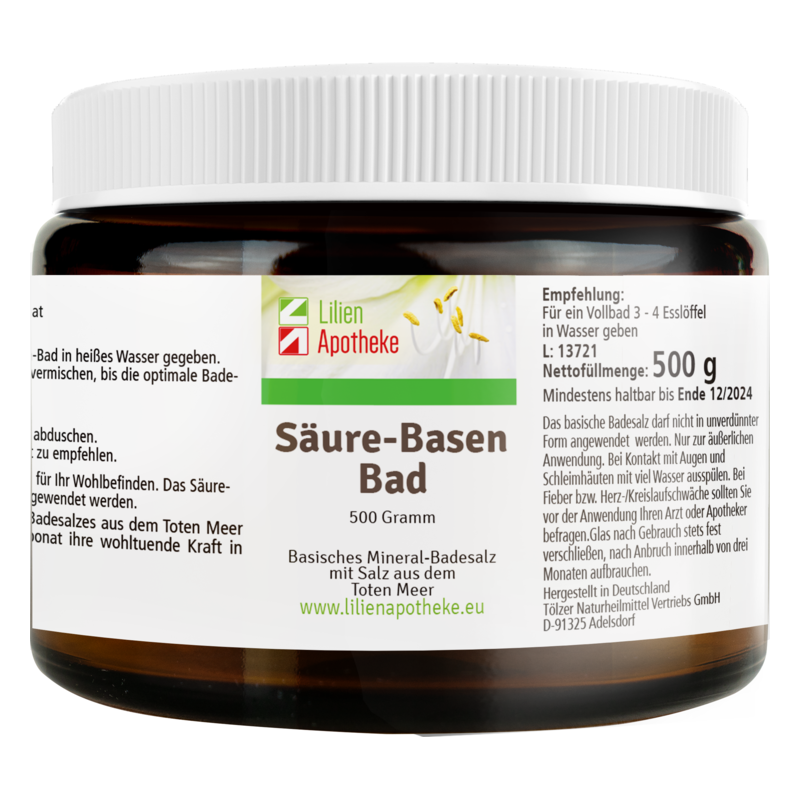 Brauner Kunststoffbehälter mit weißem Deckel, enthält 500 g Säure-Basen Bad von Lilien Apotheke, mit Anwendungshinweisen.