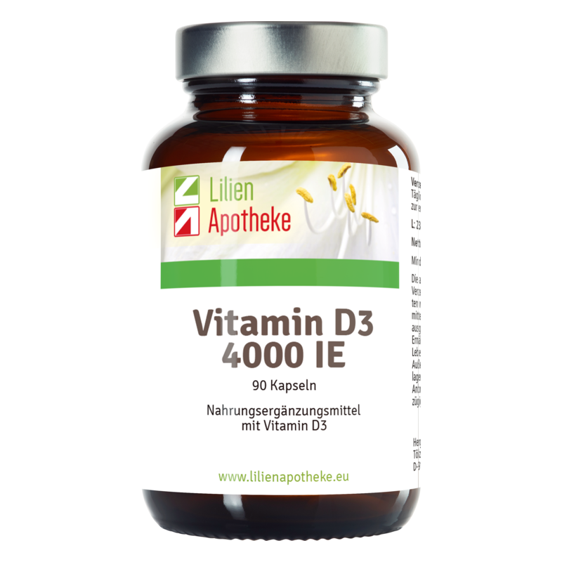 Braunes Glasgefäß mit Schraubverschluss, enthält Vitamin D3 Kapseln von Lilien Apotheke, 90 Stück.