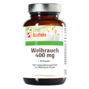 Brauner Glasbehälter mit Schraubverschluss, enthält 60 Kapseln Weihrauch 400 mg, mit Etikett der Lilien Apotheke.