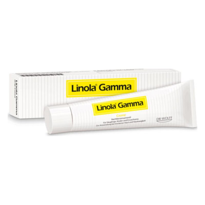 Linola Gamma Creme in einer weißen Tube und Verpackung, zur Anwendung bei trockener Haut und Hautproblemen.