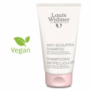 Weißes Shampoo-Tube mit hellrosa Verschluss, beschriftet mit Anti-Schuppen und veganem Symbol neben einer Blatt-Illustration.