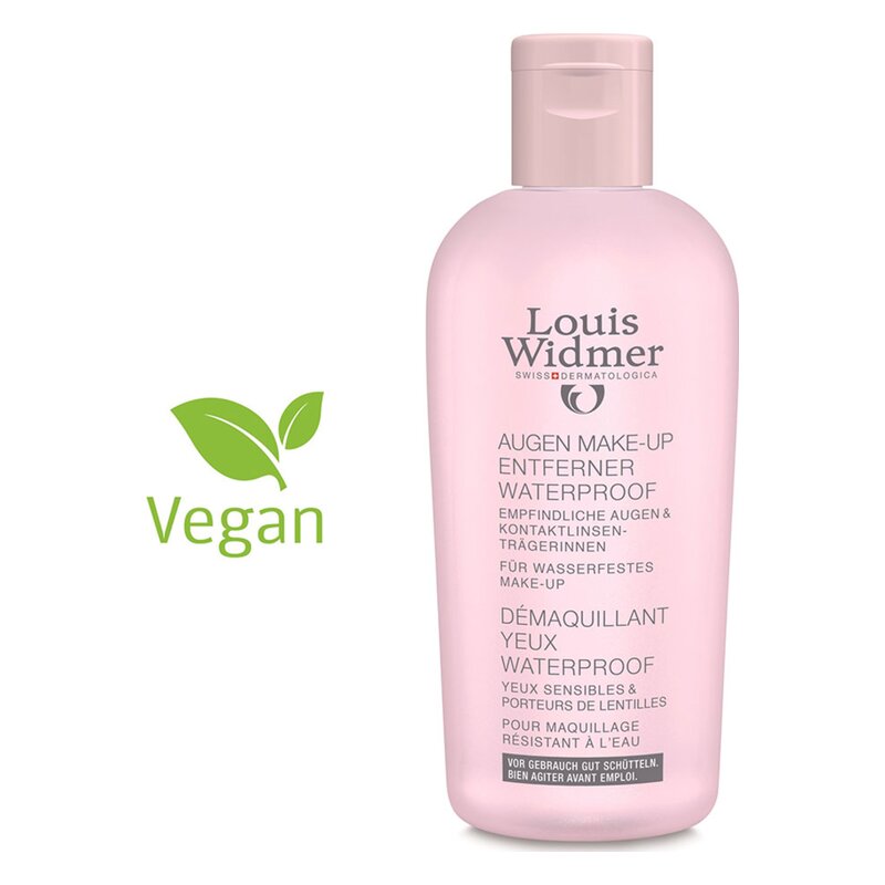 Flasche mit wasserfestem Augen-Make-up-Entferner von Louis Widmer, rosa Verpackung, vegan gekennzeichnet.