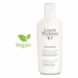 Weißer Pumpspender mit der Aufschrift "Louis Widmer Remederm Crème Fluide", vegan, für sehr trockene Haut.