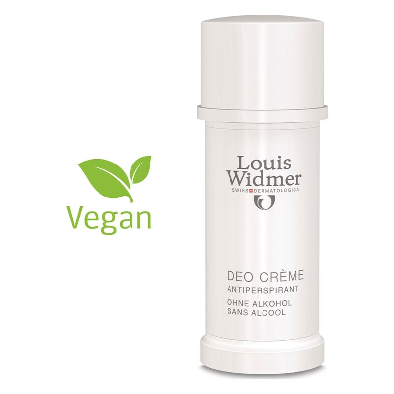 Deo Creme von Louis Widmer in einer weißen Behälterverpackung, gekennzeichnet als vegan und alkoholfrei.