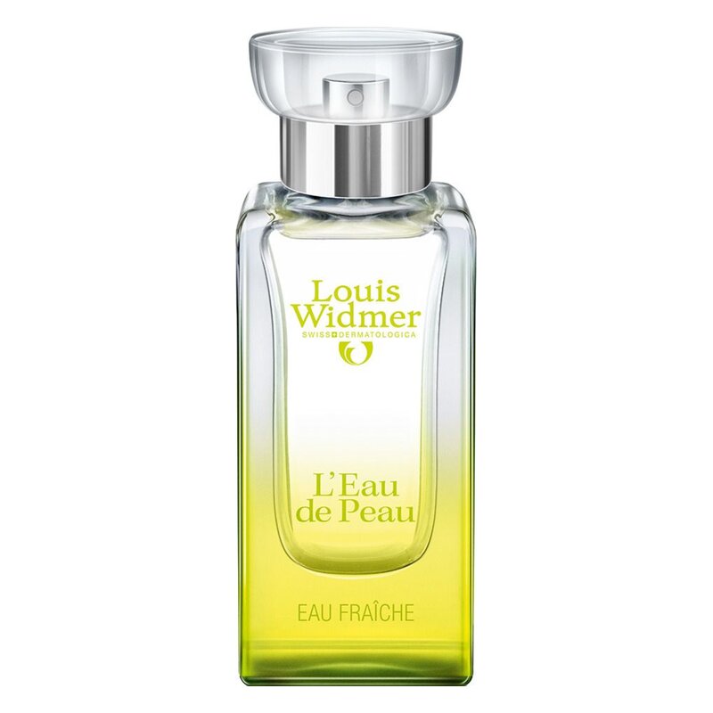 Flakon von L'Eau de Peau Eau Fraîche von Louis Widmer, mit transparentem Design und grünem Farbverlauf.