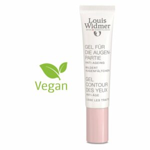 Augengel für die Augenpartie in einer weißen Tube mit rosa Verschluss, vegan, betont Anti-Aging-Eigenschaften.