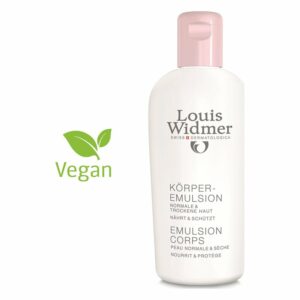 Flasche mit Louis Widmer Körperemulsion, rosa Deckel, für normale und trockene Haut, vegan, schützt und nährt.