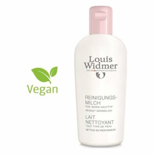 Flasche mit Reinigung Milch von Louis Widmer, vegan, für alle Hauttypen, mit rosa Kappe.