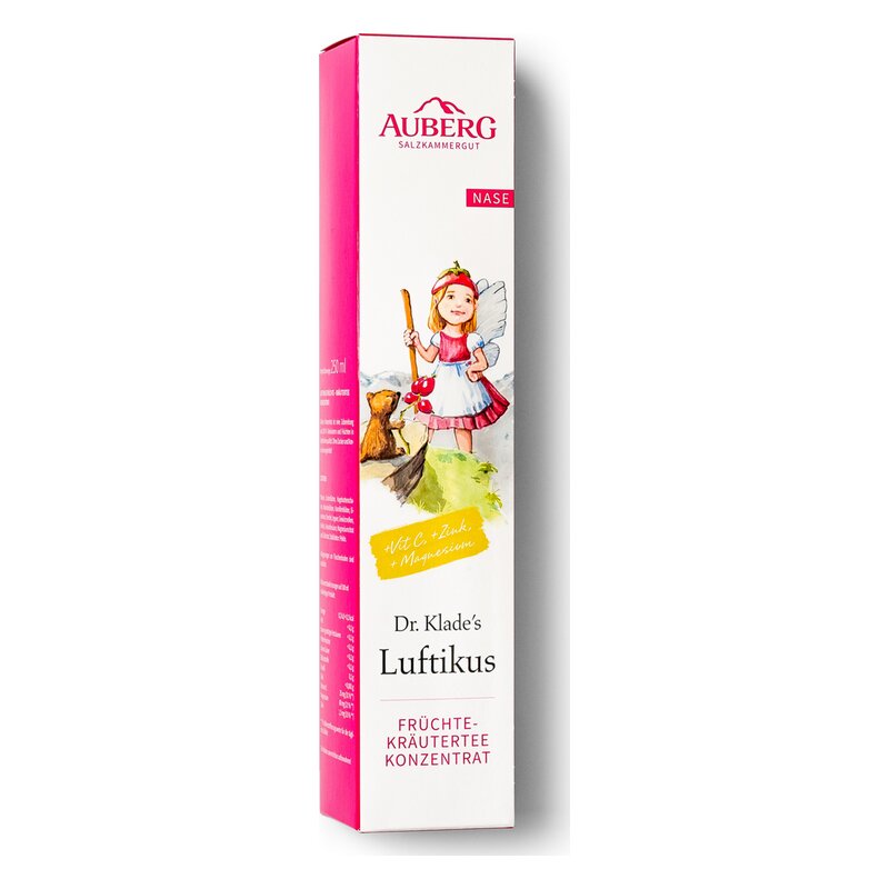 Verpackung eines Früchtetee-Konzentrats mit einem Mädchen in Engelkostüm auf der Vorderseite.