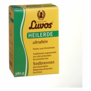 Gelbe Verpackung von Luvos Heilerde ultra fein, Pulver zur Einnahme gegen Magenbeschwerden.