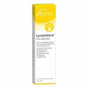 Verpackung von Lymphdiaral Drainagesalbe in einem gelb-weißen Karton mit Informationstext.