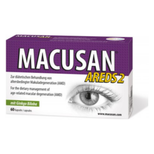 Verpackung von Macusan AREDS2, diätetisches Produkt zur Behandlung altersbedingter Makuladegeneration, mit Ginkgo Biloba.